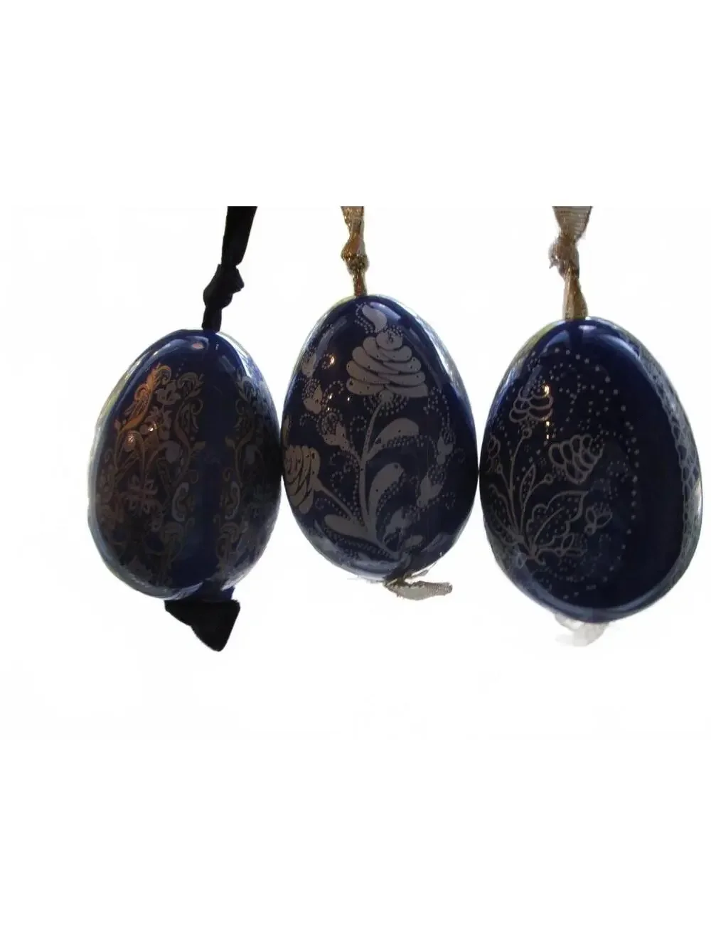 Set of 3 Hand Painted Blue Lacquer Hanging Egg Ornaments Vintage Folk Art